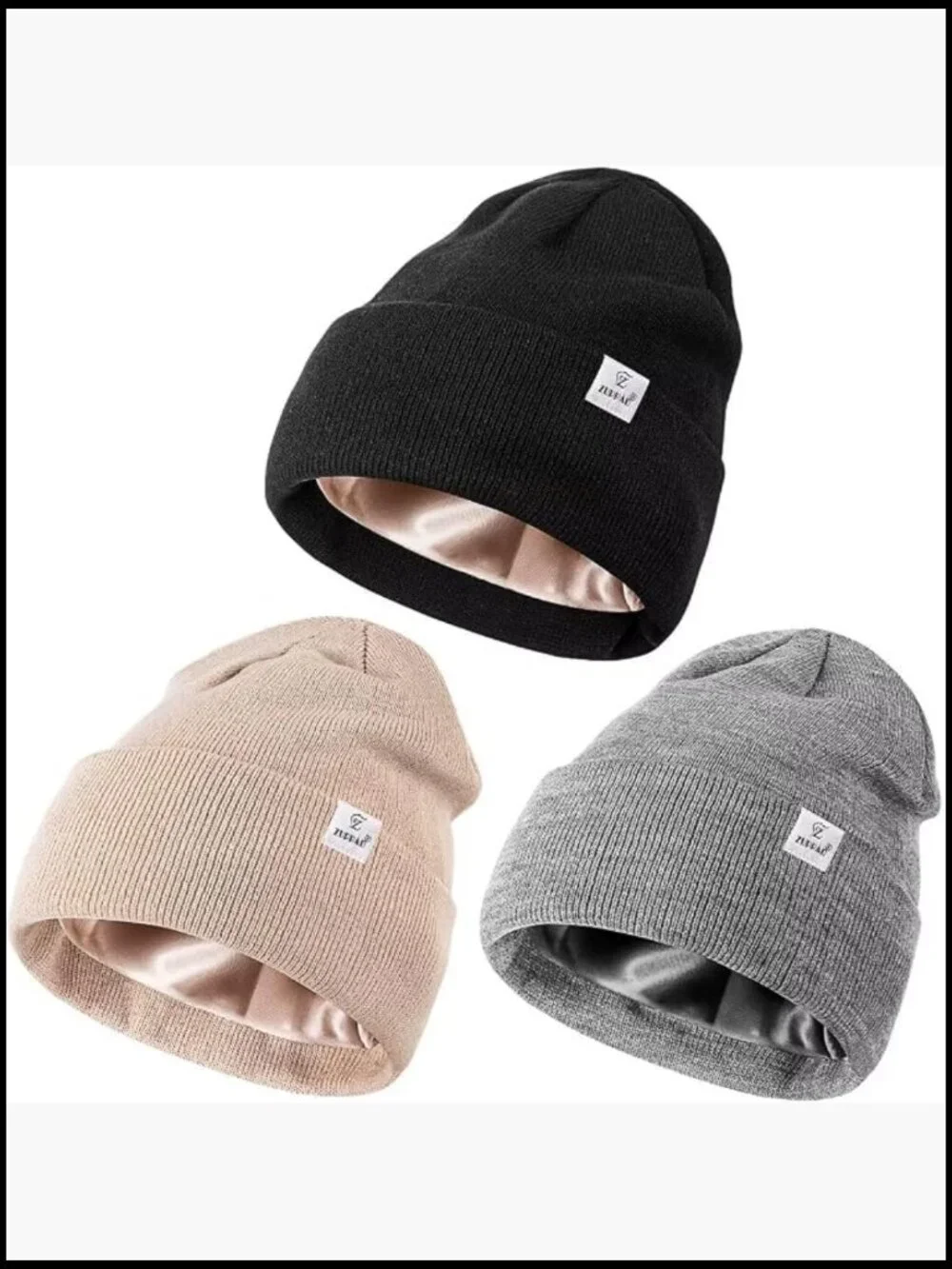 Satin Lined Winter Beanie Hats - 3 Pack Knit Cuffed Soft Warm Skullies